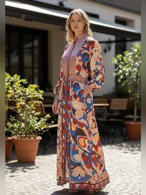 yaly couture 60’s Vibe Long Sleeve Satin Like Maxi Dress Boho Funky